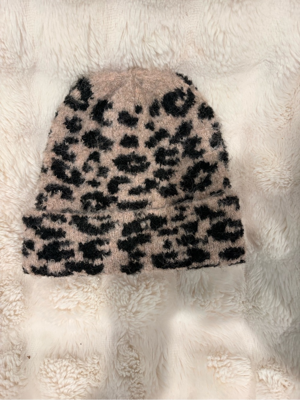 Leopard Print Fuzzy Beanie - Blush and Black